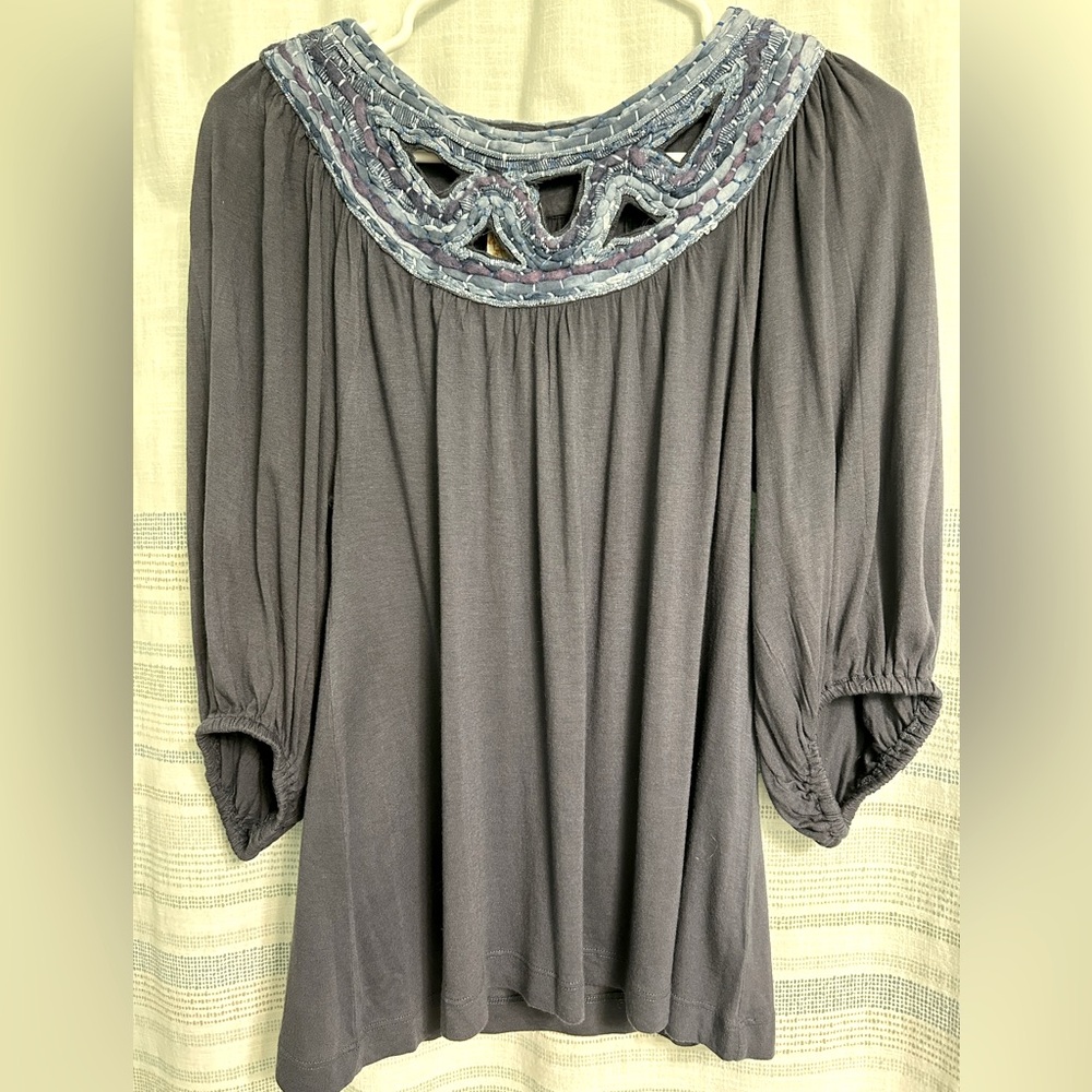 Anthropologie Boho Women’s Medium Blue Knit Top Lightweight 3/4 Sleeve Blouse